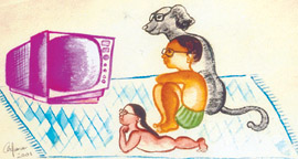 An artwork of Arpana Caur which is part of the Leap Years: Dreaming Childhood show at Vasant Kunj.