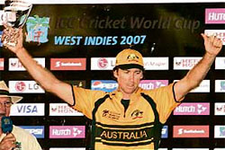 Australias Glenn McGrath holds the trophy on being declared the player of the tournament at the end of the World Cup in Bridgetown.
