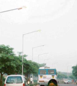 Streetlights on the main road in Sector 38 (W) adjoining Dadu Majra that remained on even during the day for the 10th day