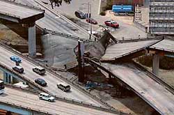 An aerial view of the San Francisco-Oakland Bay Bridge which collapsed onto another highway ramp in Oakland, California, on Sunday after a gasoline tanker truck overturned and caught fire.