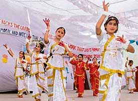 Students present a cultural programme during Sacred Heart schools Institute Day celebrations on Tuesday. 