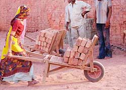 Unaware of the significance of the day, a woman labourer carry bricks near a construction site on the occasion of International Labour Day in Karnal