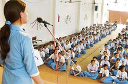 A participant takes part in a poetry recitation competition at SVMSS School in Ludhiana