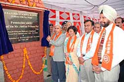 Justice Pritam Pal lays the foundation stone of a building of the primary wing of OSDAV Senior Secondary Public School in Sector 20, HUDA, Kaithal, on Tuesday.