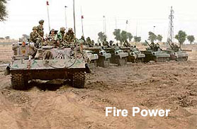 Army tanks line up for action during the military exercise Ashwamedh in Pallu district of Bikaner in Rajasthan on Wednesday.