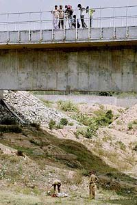 Police officials examine the spot under railway bridge near Sector 47, Chandigarh, where a decomposed body was found