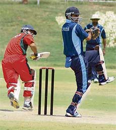 An ICL XI player cuts the ball against and the JJs XI during the All India Twenty-20 Cricket Championship 2007 at the Sector 16, Chandigarh