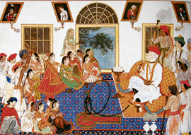 A European, probably Sir David Ochterlony (1758-1825), in Indian dress, smoking a hookah and watching a nautch in his house at Delhi. By a Delhi artist, C 1820