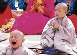 A South Korean child monk cries during a service to celebrate Buddhas upcoming birthday on May 24 at the Chogye temple in Seoul