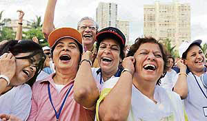 People participate in a laughter competition in Mumbai on Sunday. Entrance in the competition, held on the occasion of "World Laughter Day" which is celebrated annually on the first Sunday of May, was restricted to elderly citizens.