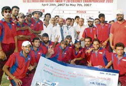 Jubilant members of the AIECB team after winning the first All-India Invitation Twenty20 Cricket Championship at the cricket stadium in Sector 16, Chandigarh