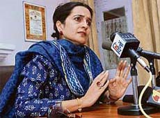 Haryana tourism minister Kiran Chaudhry stresses a point at a press conference in Shimla on Tuesday.