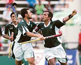 Pakistans Akhtar Ali (right) celebrates with Rehan Butt after scoring his teams second goal against Canada during their match at the Sultan Azlan Shah Cup hockey tournament in Ipoh on Tuesday. 