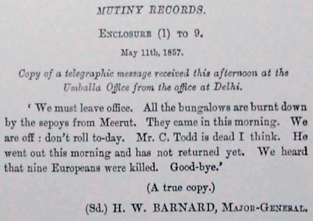 The telegram, dated May 11, 1857, which alerted the then Punjab government on the war.