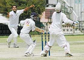 A Patiala batsman plays a shot during the Punjab State Inter-District (under-17) Tournament for M.L. Markan Trophy 2007-08 at PCA Stadium, Mohali, on Thursday.