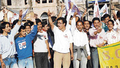 Members of the Students Federation of India (SFI) hold a protest in support of their demands in front of the Town Hall, Mall Road, Shimla, on Thursday.