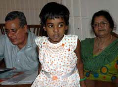 Five-year old Archana who underwent free heart surgery sponsored by Child Helpline is presented before mediapersons in Jalandhar on Wednesday.