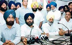 Sukhbir Singh, acting president, SAD, and party workers at a Press conference in Jalandhar