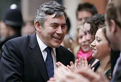 British Chancellor Gordon Brown greets supporters at Imagination Gallery in London to launch his campaign on Friday.