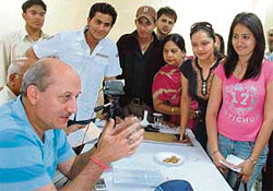 Anupam Kher interacts with the admission seekers to Actor Prepares in Chandigarh on Sunday.