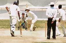 The players of Ludhiana and Bathinda in action during the Punjab State Inter-District Cricket Tournament (u-17) for M.L. Markan Trophy at Government College for Boys, Ludhiana, on Sunday