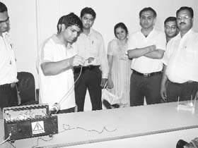 Students of Vaish College of Engineering, Rohtak, give a demonstration of the electrostatic levitator that they have developed