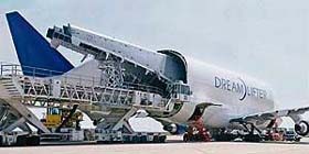 Main wings of next generation jetliner Boeing 787 are loaded into Boeing's cargo jet 747LCF (Dream lifter) at the Central Japan International Airport