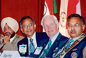 (From right) Rotary district governor of the region Dhian Chand, president-elect of the Rotary International Wilfrid J (Wilf) Wilkinson, former president of the Rotary International R.K. Saboo and president of the Rotary Club, Chandigarh, Manmohan Singh at a function to celebrate golden jubilee of the club at a hotel in Sector 17, Chandigarh