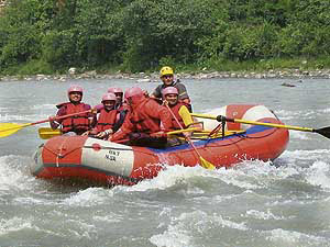 With river rafting catching the fancy of nature lovers, young tourists are seen enjoying rafting in the Beas at Jhiri, about 45 Km from Mandi, on Sunday evening.
