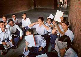Students of Government Model High School, Sector 39, attend Hindi classes sitting on the floor as there is a shortage of benches in the school.