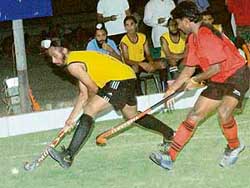 A match between Rock Rovers and BPCL in progress during the six-a-side hockey tournament at hockey stadium, Sector 18, in Chandigarh