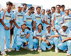 Team India poses with the trophy after winning the one-day series against Bangladesh at the Bir Sreshta Shahid Ruhul Amin Stadium in Chittagong on Tuesday.