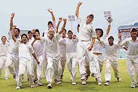 The Mohali team celebrates after defeating Ropar in an M.L. Markan Trophy match at the PCA Stadium in Mohali on Wednesday.