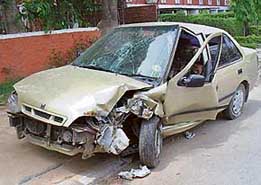 The damaged Esteem outside the Sector 19 police station in Chandigarh.