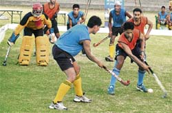 A match between the RCF, Kapurthala, and Patiala Tigers in progress at the hockey stadium, Sector 18, Chandigarh, on Thursday