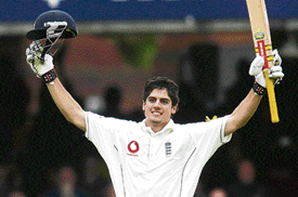 Englands Alastair Cook celebrates his century during the first Test against the West Indies at Lords on Thursday. 