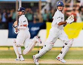 Sachin Tendulkar (left) and Sourav Ganguly run between the wickets on the first day of the first Test against Bangladesh at the Ruhul Amin Cricket Stadium in Chittagong