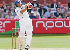 Englands Matthew Prior plays a shot on the second day of the first Test against the West Indies at Lords