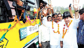 Delhi transport minister Haroon Yusuf with Uttar Pradesh transport minister Ram Achal Rajbhar during the flagging-off ceremony of the bus service between Delhi and Uttar Pradesh at Anand Vihar ISBT in the Capital on Saturday.