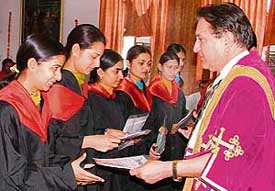 PU vice-chancellor, Dr Sobti, giving degrees to students of BCM College of Education, here, on Saturday.