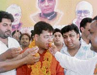 Davesh Moudgil, president of the Bharatiya Janata Yuva Morcha, being greeted by party activists in Chandigarh on Sunday