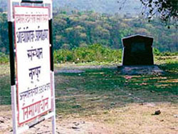 Chief Minister Virbhadra Singh recently laid with fanfare the foundation stone for the ITI building in ward No 2 at Nurpur. Within just one month of the stone-laying ceremony, the signboard has disappeared; and (below) to add insult to injury, miscreants have demolished the foundation stone.