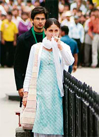 Kareena Kapoor and Shahid Kapoor shooting for film The Train at The Ridge in Shimla on Sunday.