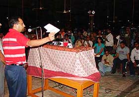 Dera followers at a meeting supporting the decision to reject the Akal Takht edict on deras on late Sunday night