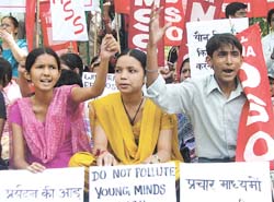 Activists of All India Democratic Student Organisation (AIDSO) sitting on dharna against the sex education in schools at Jantar Mantar in the Capital