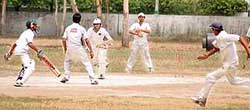 Ludhiana batsmen scramble for a run in the match against Chandigarh in the Punjab State Inter-District Cricket Tournament (u-19) for the Dhruv Pandove Trophy played at SCD Government College ground, Ludhiana