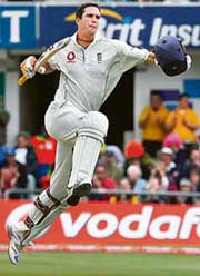 Englands Kevin Pietersen exults on completing his double hundred on the second day of the second Test against the West Indies at Leeds on Saturday.
