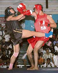 Players in action during the 7th Indian Oil Junior Wushu Championship at the Sector 10 Skating Rink in Chandigarh