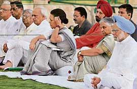 Prime Minister Manmohan Singh, UPA Chairperson Sonia Gandhi and Delhi Chief Minister Sheila Dikshit at a prayer meeting for Jawaharlal Nehru on his 43rd death anniversary at Shanti Van in New Delhi on Sunday.