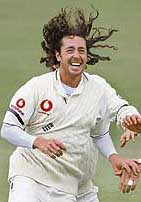 Englands Ryan Sidebottom celebrates after dismissing Devon Smith of the West Indies on the fourth day of the second Test at Headingley, Leeds, on Monday.